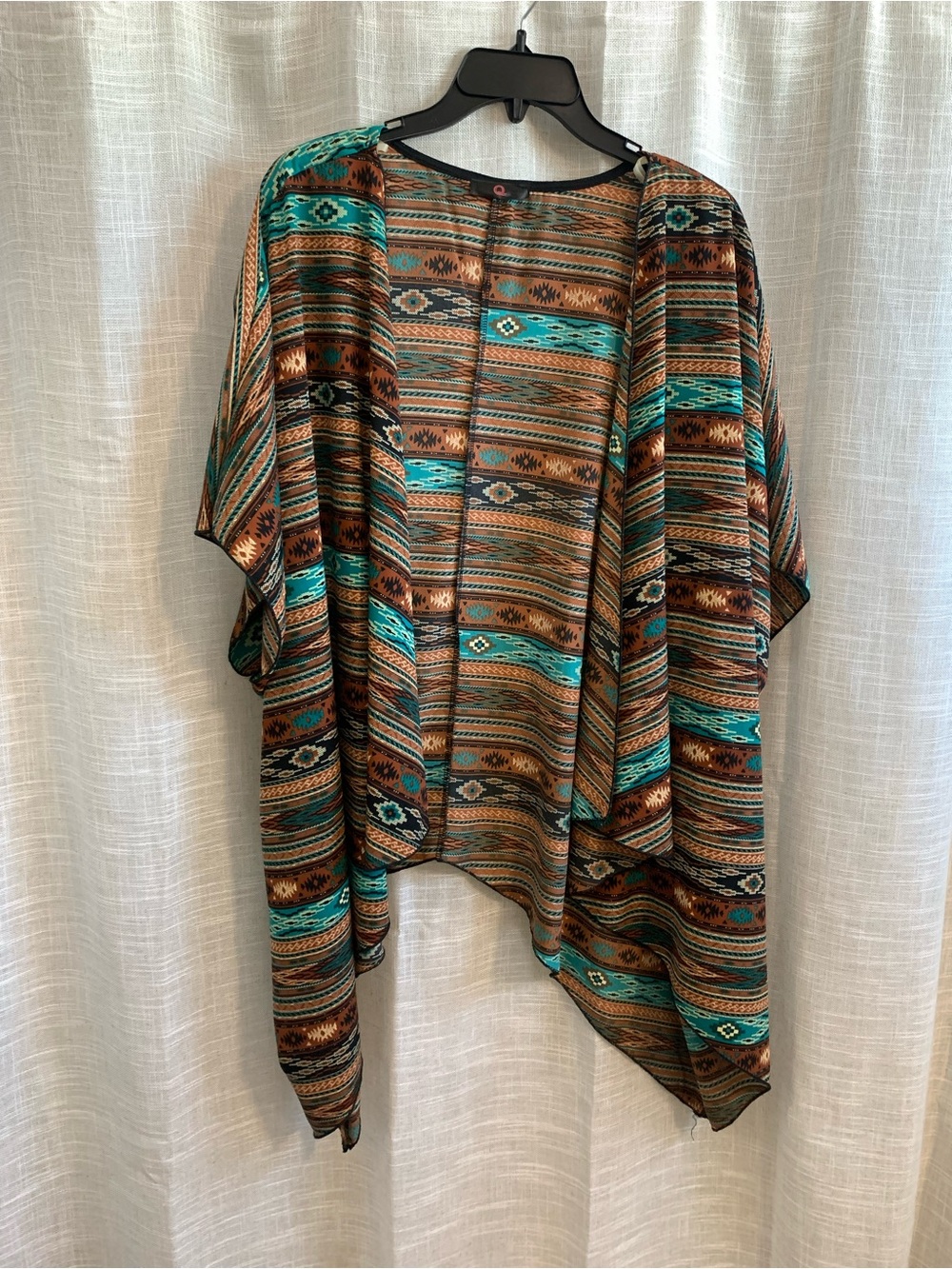 Open-Front Aztec Print Kimono - Turquoise and Brown
